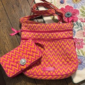 Vera Bradley Pink and Orange Chevron Quilted Crossbody with Wallet